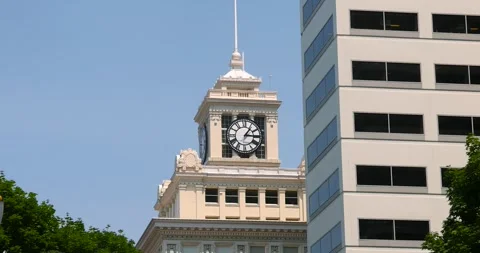 Tall clock tower exterior view in Portland downtown, Oregon . Stock-Footage 293658686