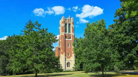 Tall clock tower at Michigan state university campus in Lansing, Michigan Stock Photos