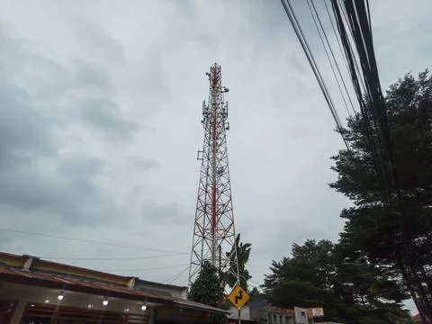 Tall Communication Tower, Cloudy Sky Stock Photos