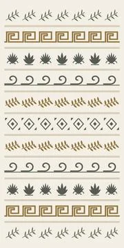 A tall composition displays varied rows of leaves, meanders, waves, diamond.. Stock Illustration