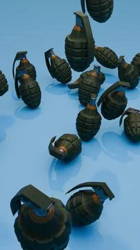Tall composition of many hand grenades scattered on glossy blue background Stock Illustration