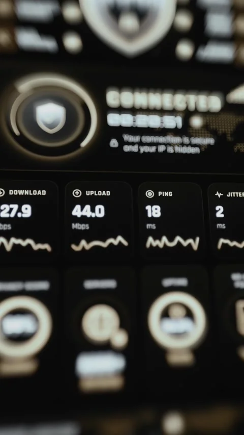Tall connection dashboard showing roughly 126.6 Mbps download Stock Footage 342491304