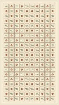 A tall cream composition arranges alternating rust sunbursts and green wave.. Stock Illustration