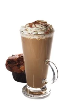 Tall cup of fresh coffee latte and muffin isolated Stock Photos