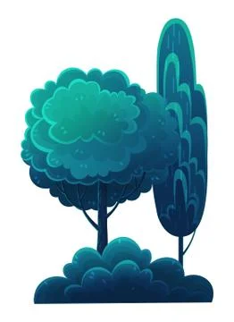 Tall deciduous trees isolated on white. Forest vegetation, dark blue foliage Stock Illustration