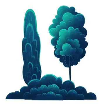Tall deciduous trees isolated on white. Forest vegetation, dark blue foliage Stock Illustration