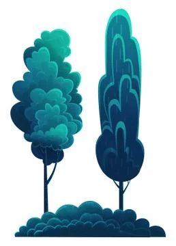 Tall deciduous trees isolated on white. Forest vegetation, dark blue foliage Stock Illustration