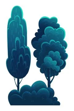 Tall deciduous trees isolated on white. Forest vegetation, dark blue foliage Stock Illustration