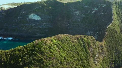 The tall elephant cliffs blocking the waves are covered with green trees and  Foto stock