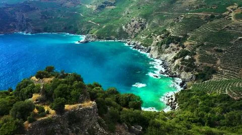 The tall elephant cliffs blocking the waves are covered with green trees and  Stock Photos