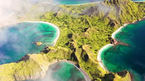 The tall elephant cliffs blocking the waves are covered with green trees and  Stock Photos