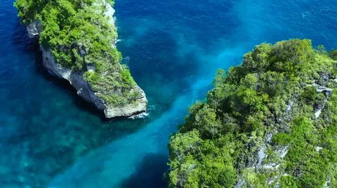 The tall elephant cliffs blocking the waves are covered with green trees and  Foto stock