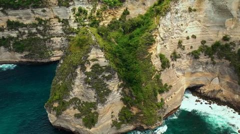 The tall elephant cliffs blocking the waves are covered with green trees and  Stock Photos
