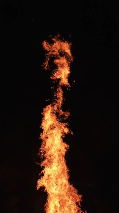 Tall Fire Flame on Black Background, Vertical Burning, Slow Motion Stock Footage 312102359