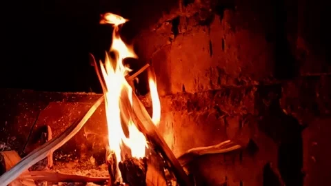 Tall flames dancing on firewood inside fireplace on cozy night Stock Footage 325649078