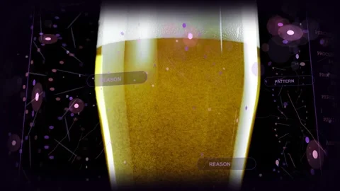 Tall glass with amber brew bubbles rising starting camera pullback HUD nodes Stock Footage 331833280