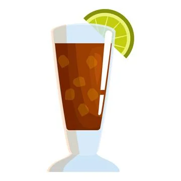 Tall glass containing refreshing brown cocktail with ice cubes and lime garnish Stock Illustration