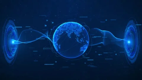 Tall global data energy visual blue holographic globe, twisting light stream, an Stock Footage 340526654
