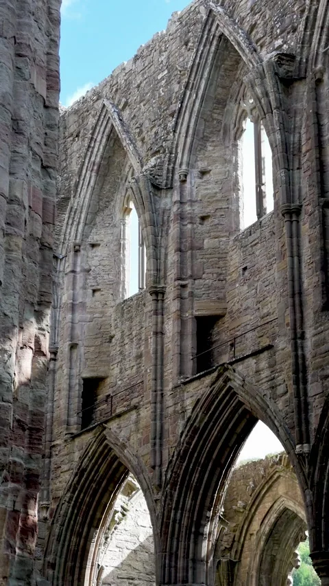 Tall Gothic window and door arches rise above rough masonry inside the ruined Stock Footage 345881057