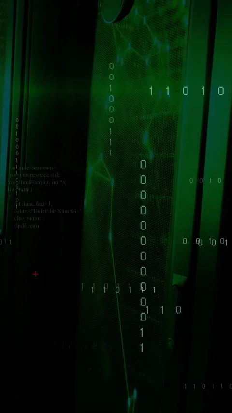 Tall green mesh panel pulsing, starting binary streams and red icons for tech Stock Footage 334602505