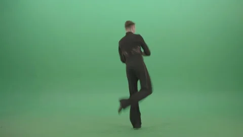 Tall guy dances quickstep and bow lowly on green chromakey Stock Footage 147919911