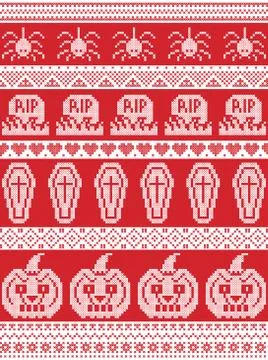 Tall halloween pattern with spider, pumpkin, coffin in red and white Stock Illustration