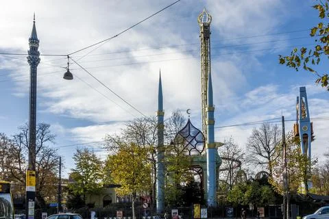Tall metallic ride structures in the iconic Tivoli Gardens Amusement Park Stock Photos