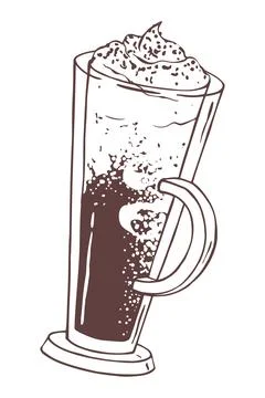 Tall mug doodle vector with dark coffee drink, whipped cream. Glass with foam Illustration