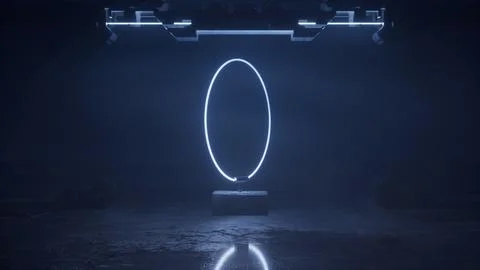 Tall neon oval standing on a base in a dark hazy hall Stock Illustration