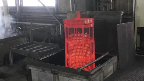 Tall orange flames rise dramatically from an industrial furnace basket during Video stock 339123925