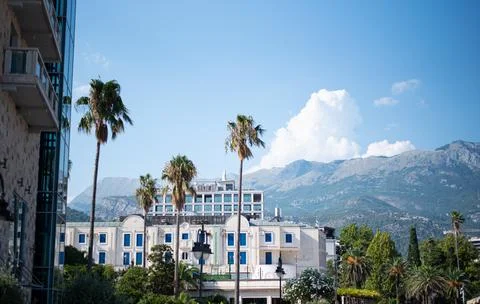 Tall palm trees stand in front of a modern hotel building in Montenegro Stock Photos