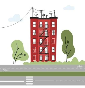 A tall red building with many windows, power lines Stockillustratie