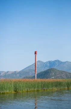 Tall red navigation marker rises from a reed bed in Lake Skadar Stock Photos