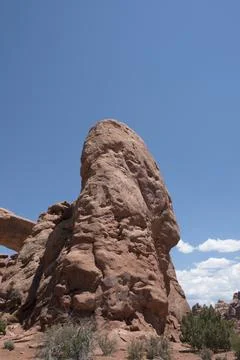 Tall rock formation on Windows Viewpoint and Trail hike, Arches National Park Stock Photos