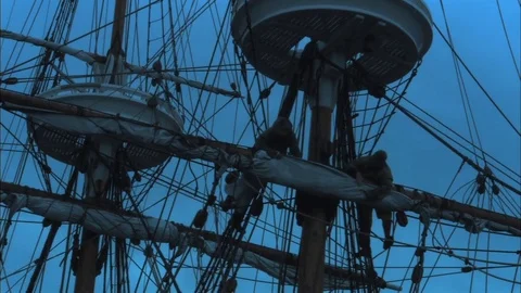 Tall Sailing Ship, rigging, masts and giant sails tied Video stock 81242798