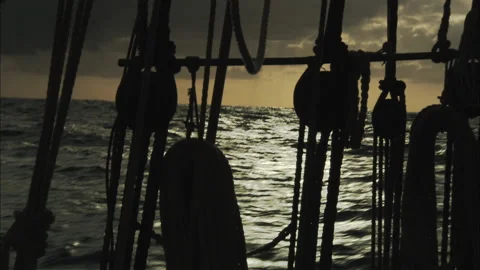 Tall Sailing Ship - rigging, masts and giant sails at sea. Pirates, Piracy Stock Footage 143026512