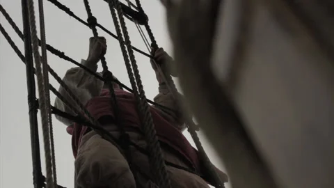 Tall Sailing Ship - rigging, masts and giant sails at sea. Pirates, Piracy Stock Footage 145092285