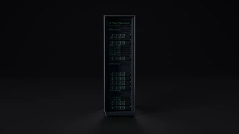 A tall server rack stands in a dark room, its lights indicating active data Stock Footage 347761577