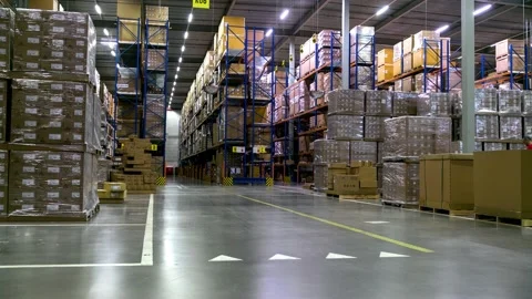 Tall Shelves inside Modern Packaging Warehouse / Timelapse 스톡 동영상 131963771