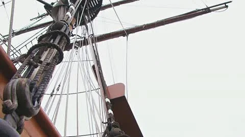 Tall Ship Block and Rigging - Low Angle Pan Stock Footage 11022787
