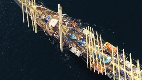 Tall Ship Deck Moving Dark Blue Water Top Down Aerial View Stock Footage 344280326