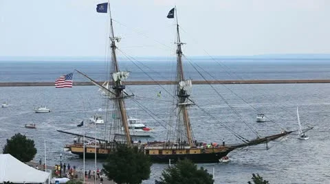 Tall Ship Docks in Harbor Stock Footage 11409871