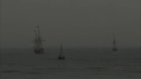 Tall-ship, Exploration boat, rigging, masts and giant sails at sea. Pirates. Stock Footage 80165693