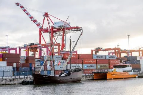 Tall ship in front of container cranes on Tagus River Foto stock