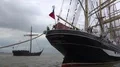 Tall ship Kruzenshtern barque close up in Bremerhaven harbor dock at cloudy day 4k or 4k+ Resolution