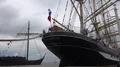 Tall ship Kruzenshtern barque close up in Bremerhaven harbor dock at cloudy day 4k or 4k+ Resolution