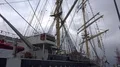 Tall ship Kruzenshtern close up tilt in Bremerhaven harbor dock at cloudy day 4k or 4k+ Resolution