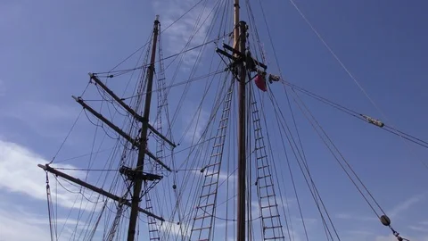 Tall ship mast rigging blue sky Stock Footage 74655400