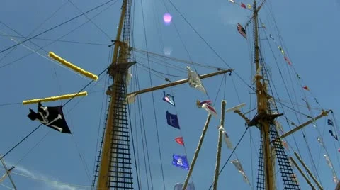 Tall ship masts, rigging and flags Stock Footage 12182286