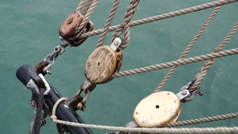 Tall Ship pully system for the mast ropes sailing on the English Channel with th Stock Footage 131340978